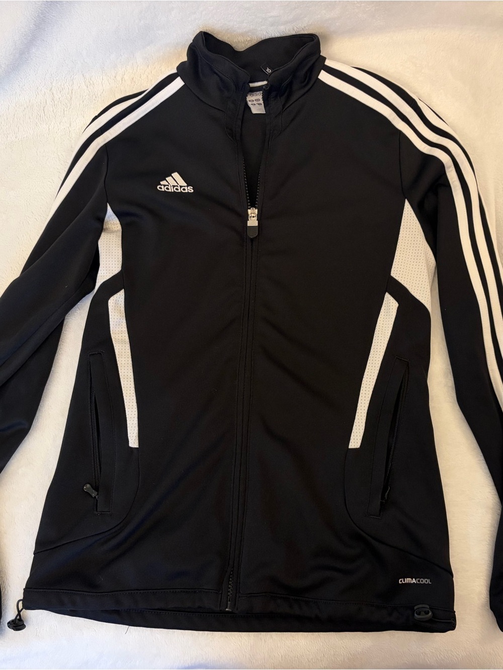 Adidas’s Black and White Women’s ClimaCool Full-Zip Varsity Track Jacket
